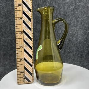 Vintage Chartreuse Green Glass Pitcher Applied Handle 6" Hand Blown Spain